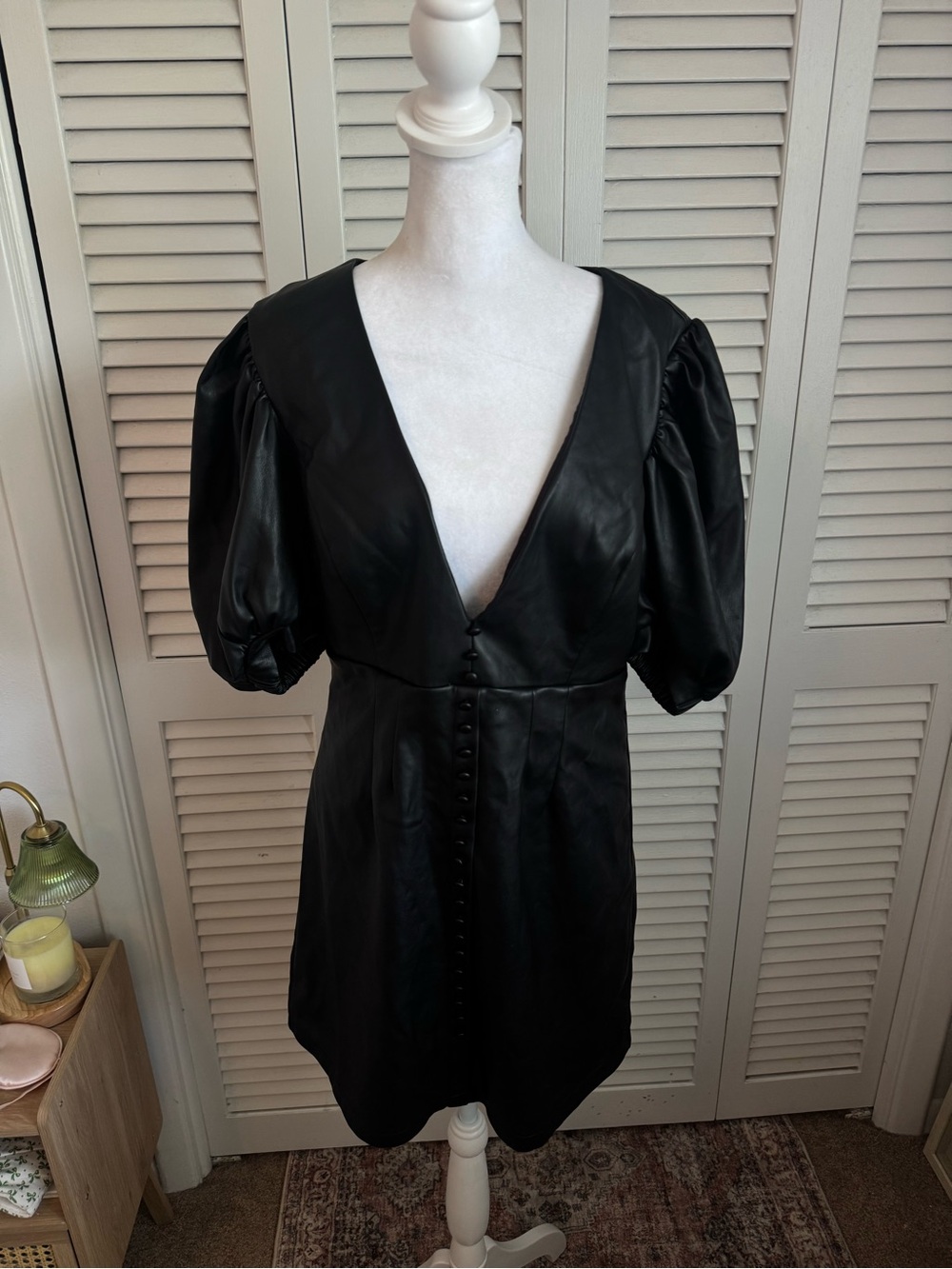 Bardot Black Faux Leather Puff Sleeve Mini Dress